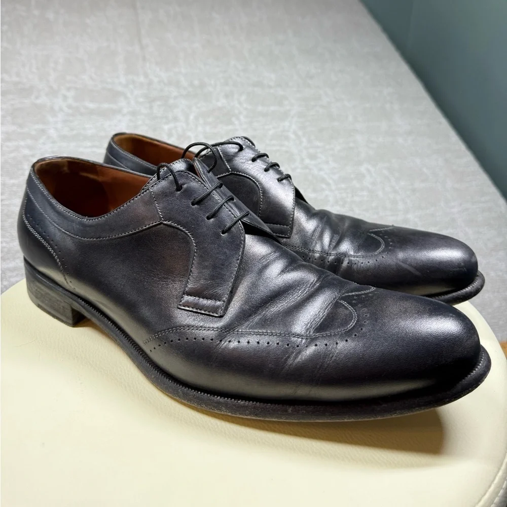 A Testoni Black Leather Wintip Lace Up Dress Shoe Mens Size 10.5
